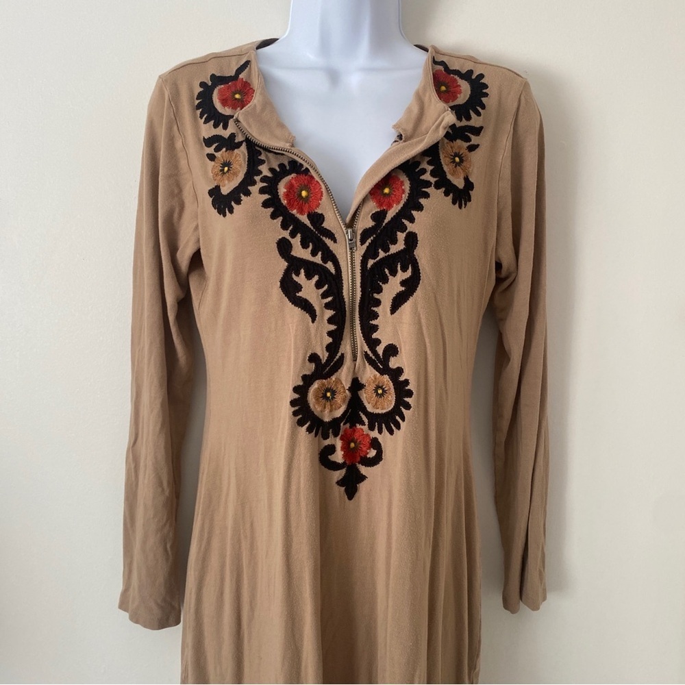 Vintage Ritu Kumar Tan Long Sleeve Boho Dress Red & Black Embroidered Size 4 - Picture 4 of 11